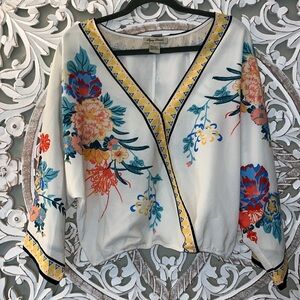 Flying Tomato Multicolor Floral Surplice V- Neck 3/4 Sleeve Blouse Size L EUC